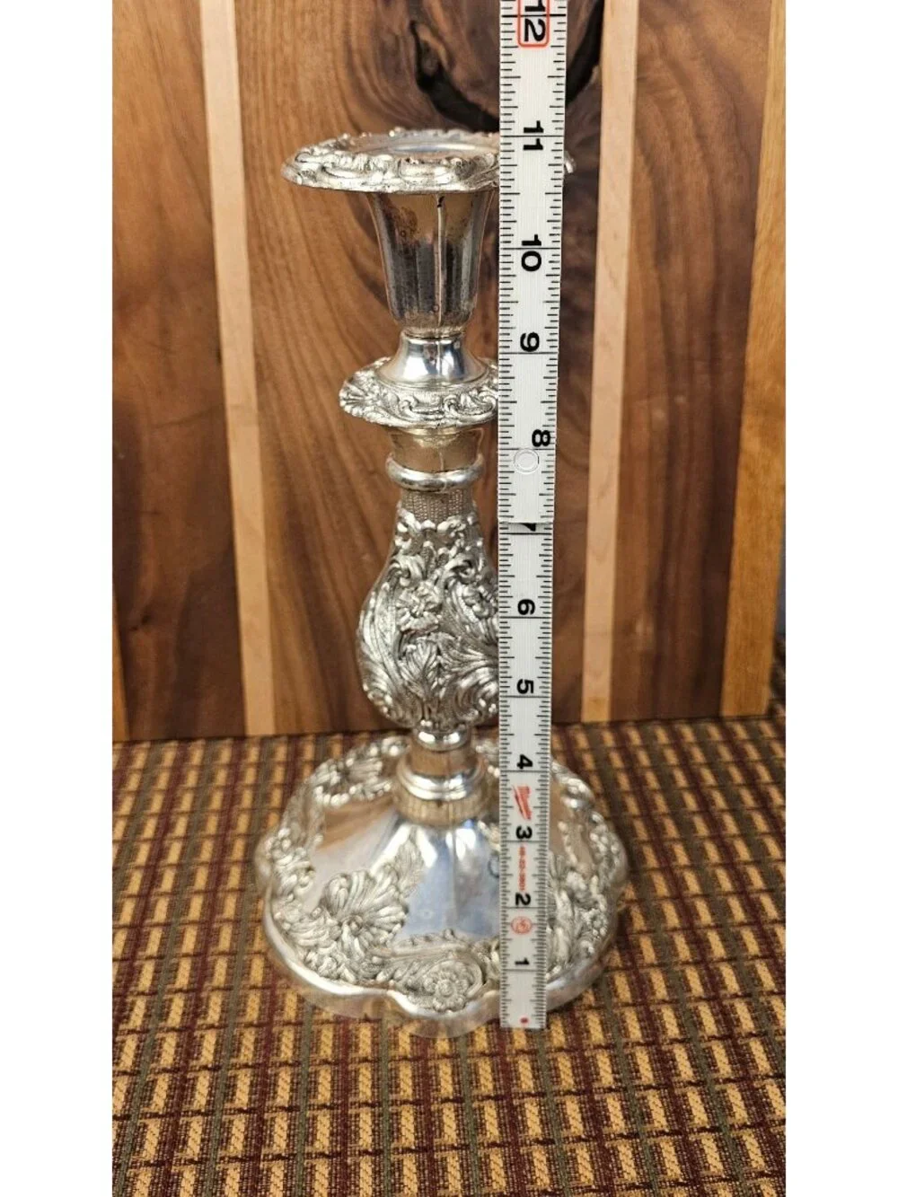 Ornate Silver Tone Candlestick Holder 12 In Tall Floral Scroll Metal Table Decor